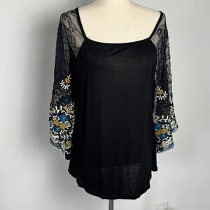 Akemi + Kin Anthropologie Black Lace Embroidered Sleeve Blouse Square Neck L